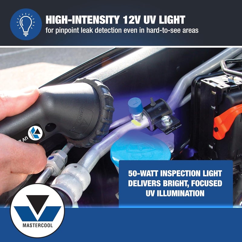 MASTERCOOL 53351 Professional UV Leak Detection Kit – 12V High-Intensity Light – Detects A/C, Coolant, Fuel, Oil, ATF Leaks – Includes Universal Dyes, Glasses, R134a & R12 Compatible - Image 3